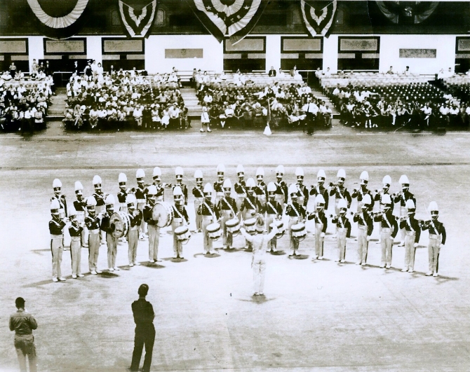 In concert formation on the floor at Convention Hall, as The Angels Prepare To Sing. Note the one-handed hold on the bugles.